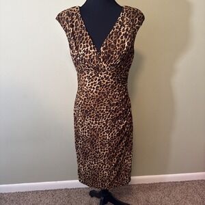 Ralph Lauren Leopard Print Dress Faux Wrap Cap Sleeve Stretch V-Neck Size 8